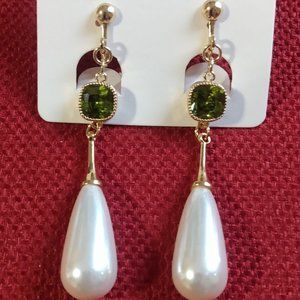 NWOT:  Green and Faux Pearl Teardrop Clip Earrings